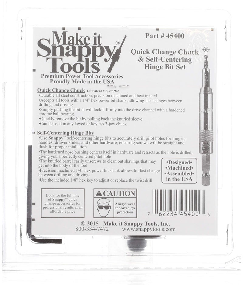 Make it Snappy Tools 45400 - 3-Piece Self Centering Hinge Bits and Quick Change Chuck Set, #2/#6/#8 Soft Wood Screws and #4/#10 Hard Wood Screws, 1/8" Hex Key, 1/4-Inch Hex Power Bit Shank - Image 4